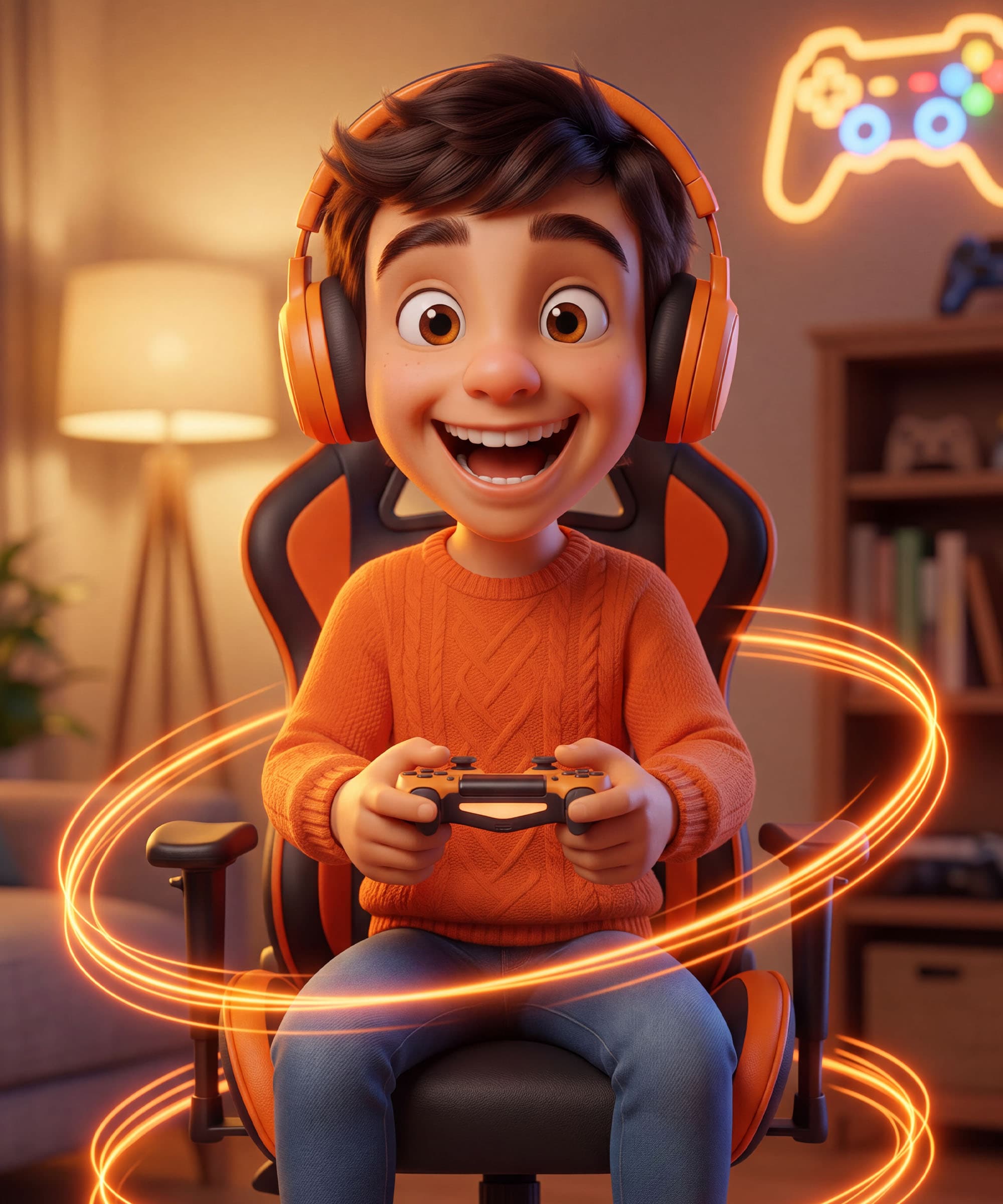 Jovem sorrindo enquanto joga videogame com fone de ouvido